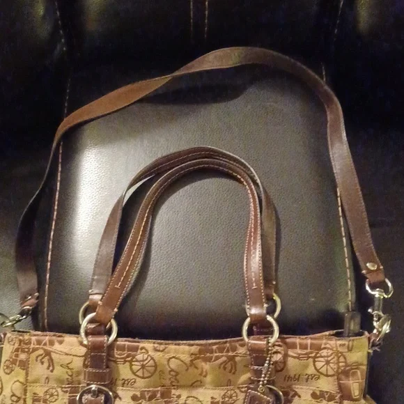 Coach brown canvas shoulder handbag purse  leather straps  hangtag Vintage - Picture 4 of 8